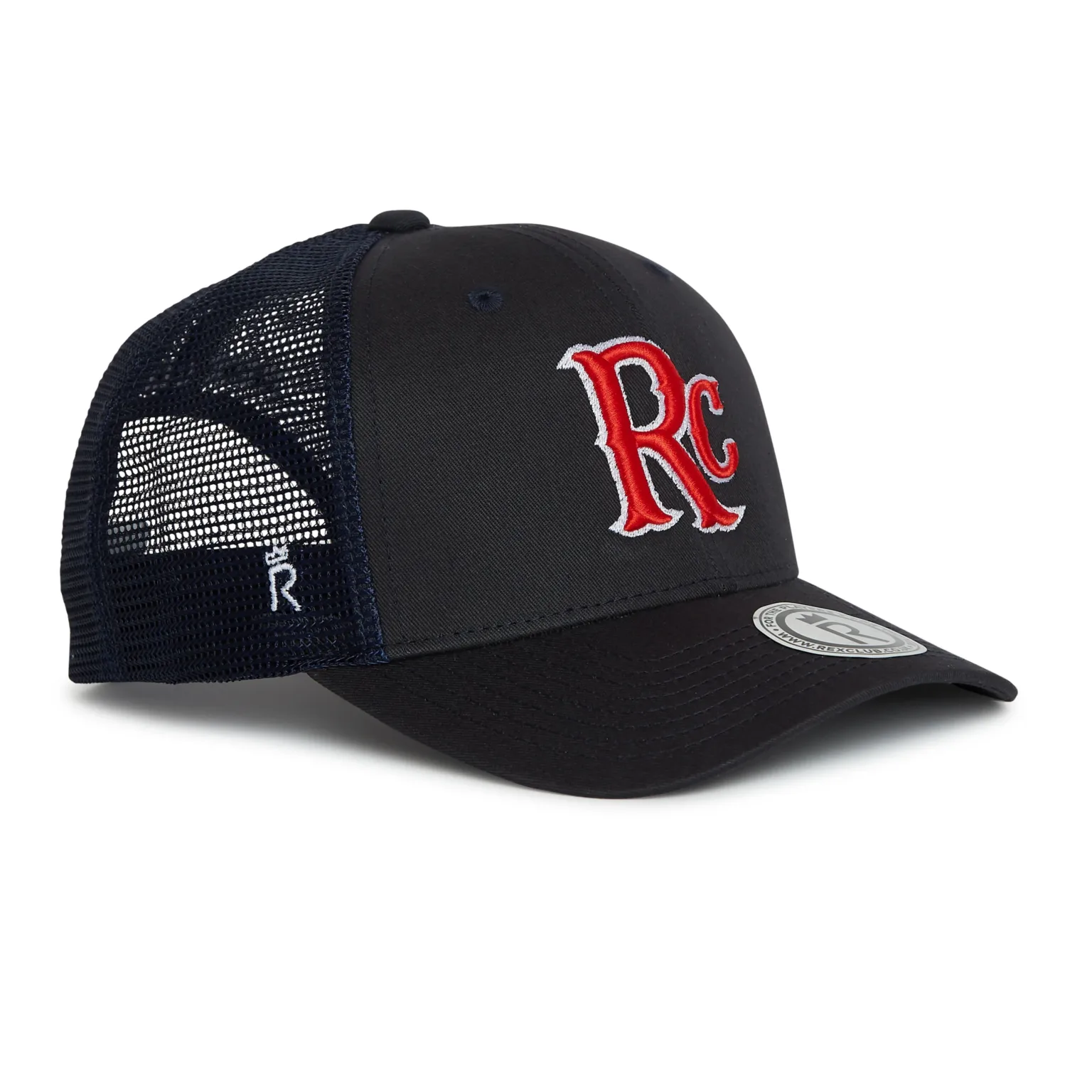 Black trucker cap with red DC logo embroidered on the front panel and mesh back panels.