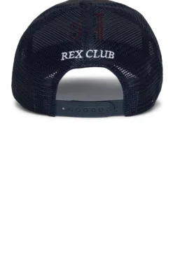 Back view of navy mesh trucker cap with white 'REX CLUB' embroidery and adjustable strap