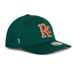 Rex Club | The RC 26 Performance is a dark green baseball cap featuring an orange and white "RC" logo on the front and a circular silver sticker on the peak, displayed against a white background. | Custom Caps | Custom Hats | Team Headwear | UK