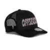 Rex Club | The OFFSEASON 26 Trucker is a black mesh cap with a curved brim, featuring "OFFSEASON" in stylised white and pink letters on the front and a small round sticker on the brim, set against a white background. | Custom Caps | Custom Hats | Team Headwear | UK