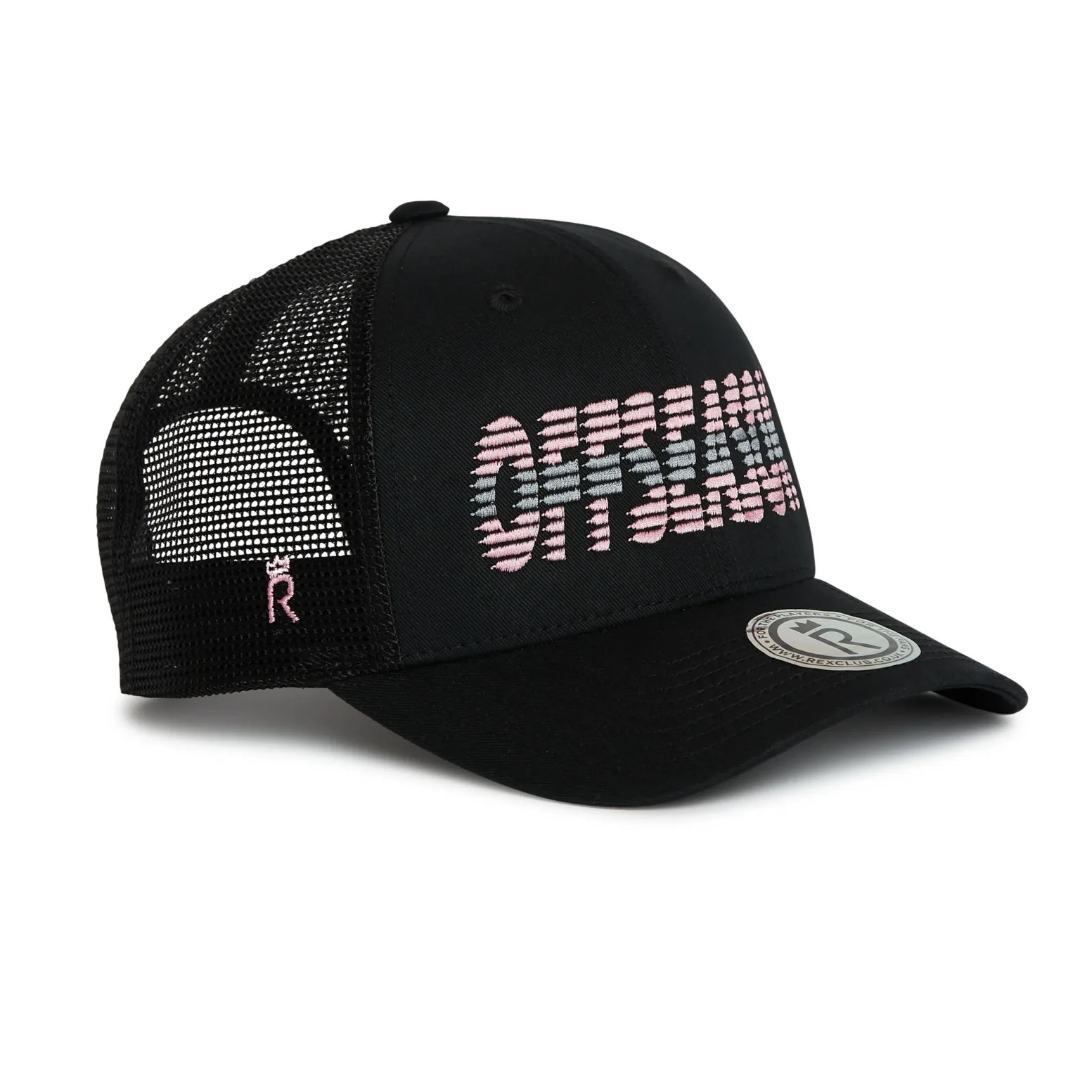 Rex Club | The OFFSEASON 26 Trucker is a black mesh cap with a curved brim, featuring "OFFSEASON" in stylised white and pink letters on the front and a small round sticker on the brim, set against a white background. | Custom Caps | Custom Hats | Team Headwear | UK