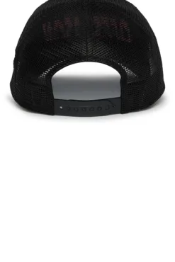 Rex Club | Back view of the OFFSEASON 26 Trucker hat in black mesh, featuring an open design and adjustable snapback fastening with a plastic strap and adjustment holes. | Custom Caps | Custom Hats | Team Headwear | UK