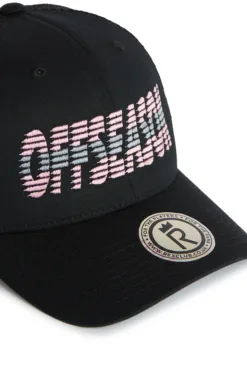 Rex Club | The OFFSEASON 26 Trucker is a black baseball cap featuring “OFFSEASON” embroidered in pink and white stripes on the front, plus a circular silver sticker with a website and stylised “R” logo on the brim. | Custom Caps | Custom Hats | Team Headwear | UK