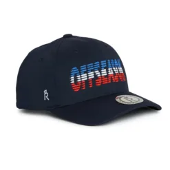 Navy baseball cap with a curved brim and a red, white, and blue striped graphic on the front panel.