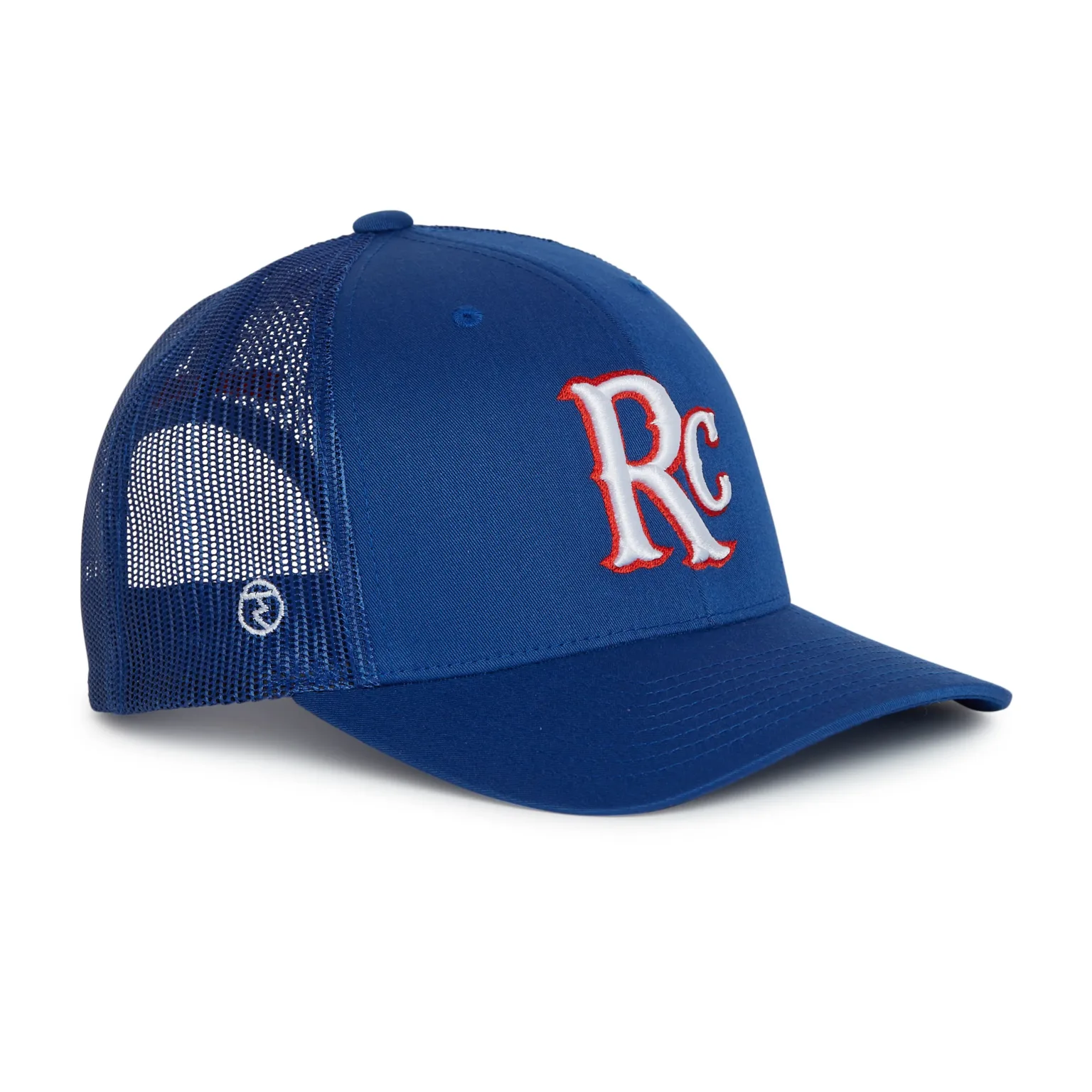 Rex Club | The RC 26 Trucker is a blue baseball cap with white mesh back and side panels, featuring red and white "RC" lettering on the front. | Custom Caps | Custom Hats | Team Headwear | UK