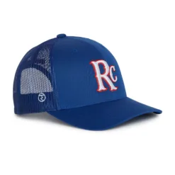 Rex Club | The RC 26 Trucker is a blue baseball cap with white mesh back and side panels, featuring red and white "RC" lettering on the front. | Custom Caps | Custom Hats | Team Headwear | UK