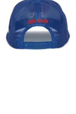 Blue mesh baseball cap shown from the back with an adjustable plastic strap and red embroidered lettering.