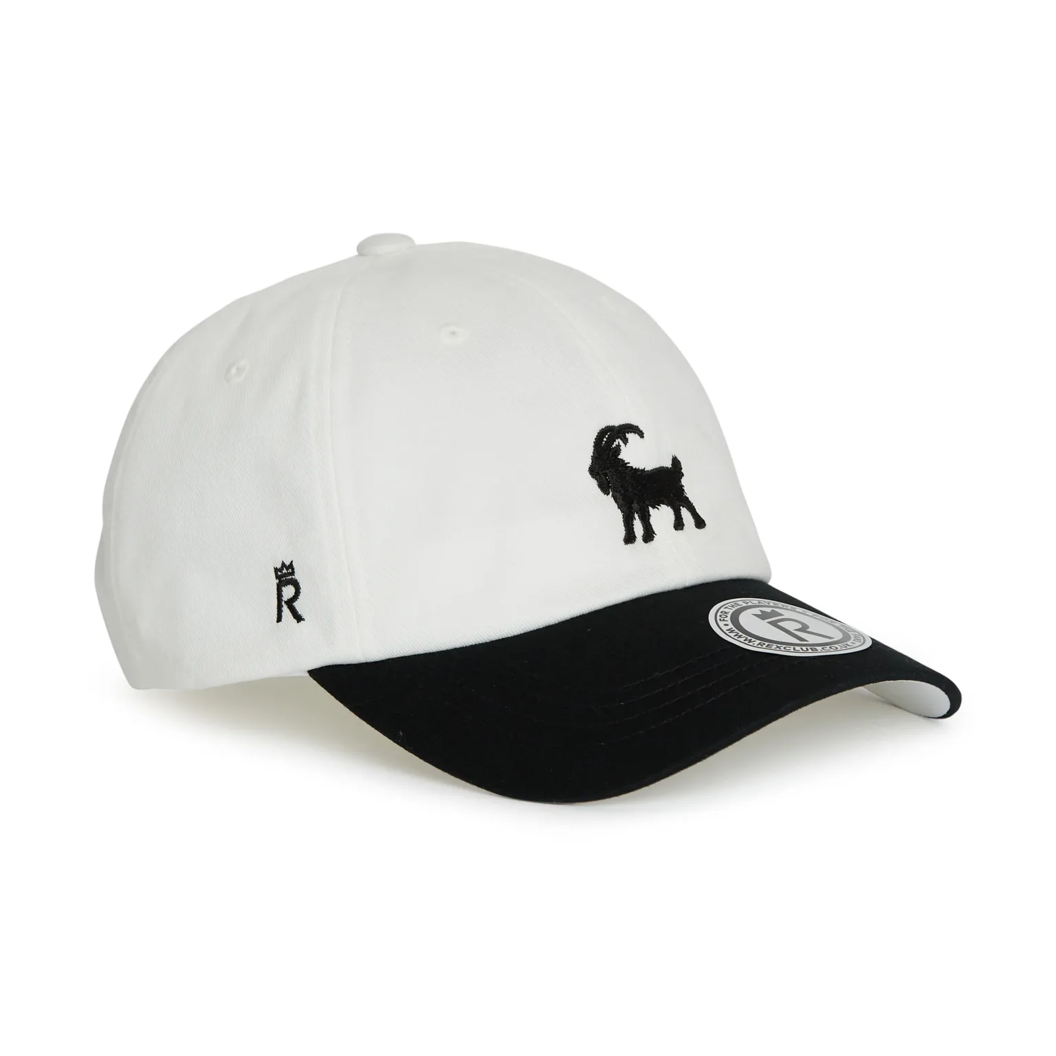 Rex Club | The Goat cap is white with a black curved peak, featuring a black embroidered goat on the front and a small black "R" with a crown on the side. | Custom Caps | Custom Hats | Team Headwear | UK