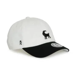 Rex Club | The Goat cap is white with a black curved peak, featuring a black embroidered goat on the front and a small black 