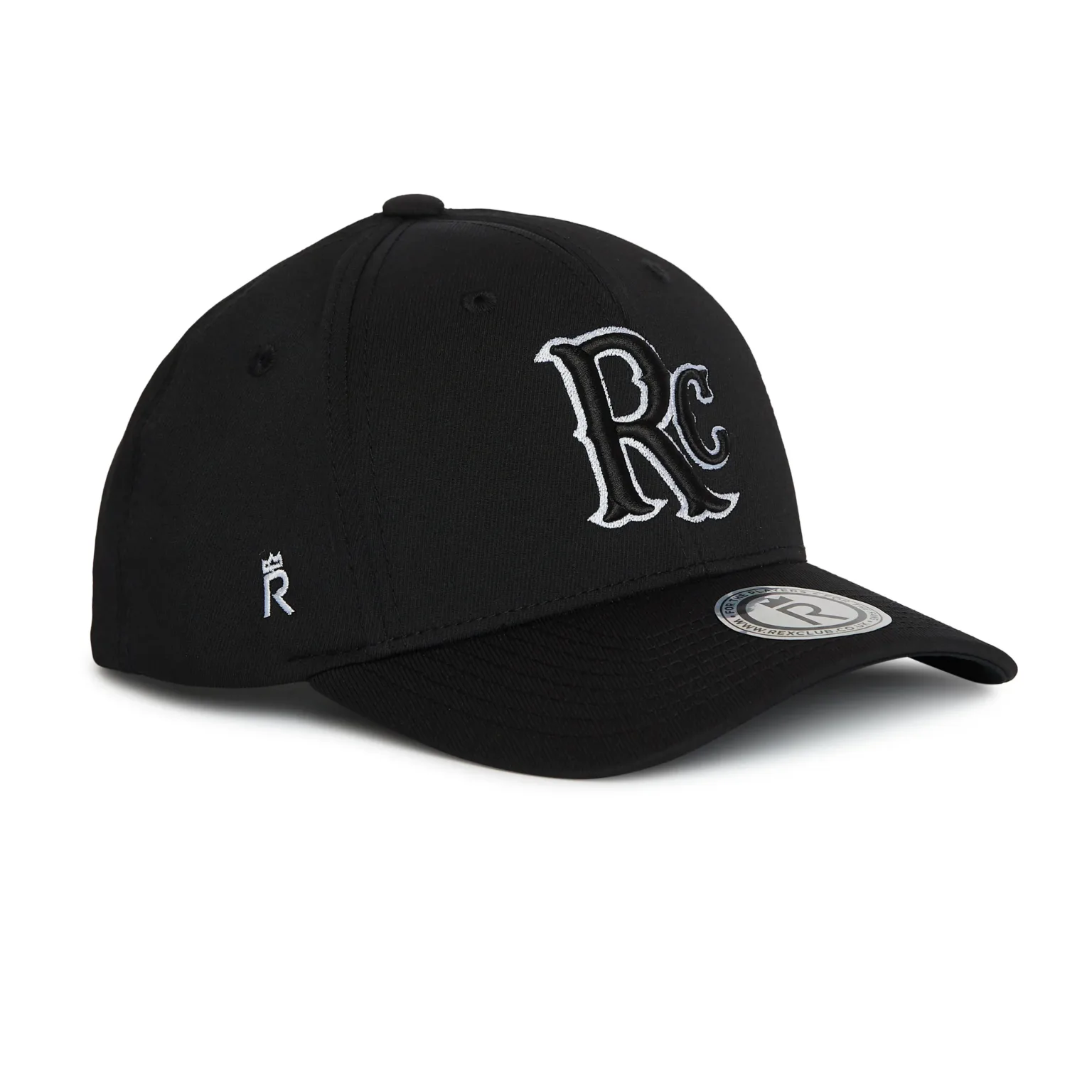 Rex Club | The RC 26 Performance is a black baseball cap with a curved peak, embroidered white and grey "RC" on the front, a small white side logo, and a sticker on the peak. | Custom Caps | Custom Hats | Team Headwear | UK