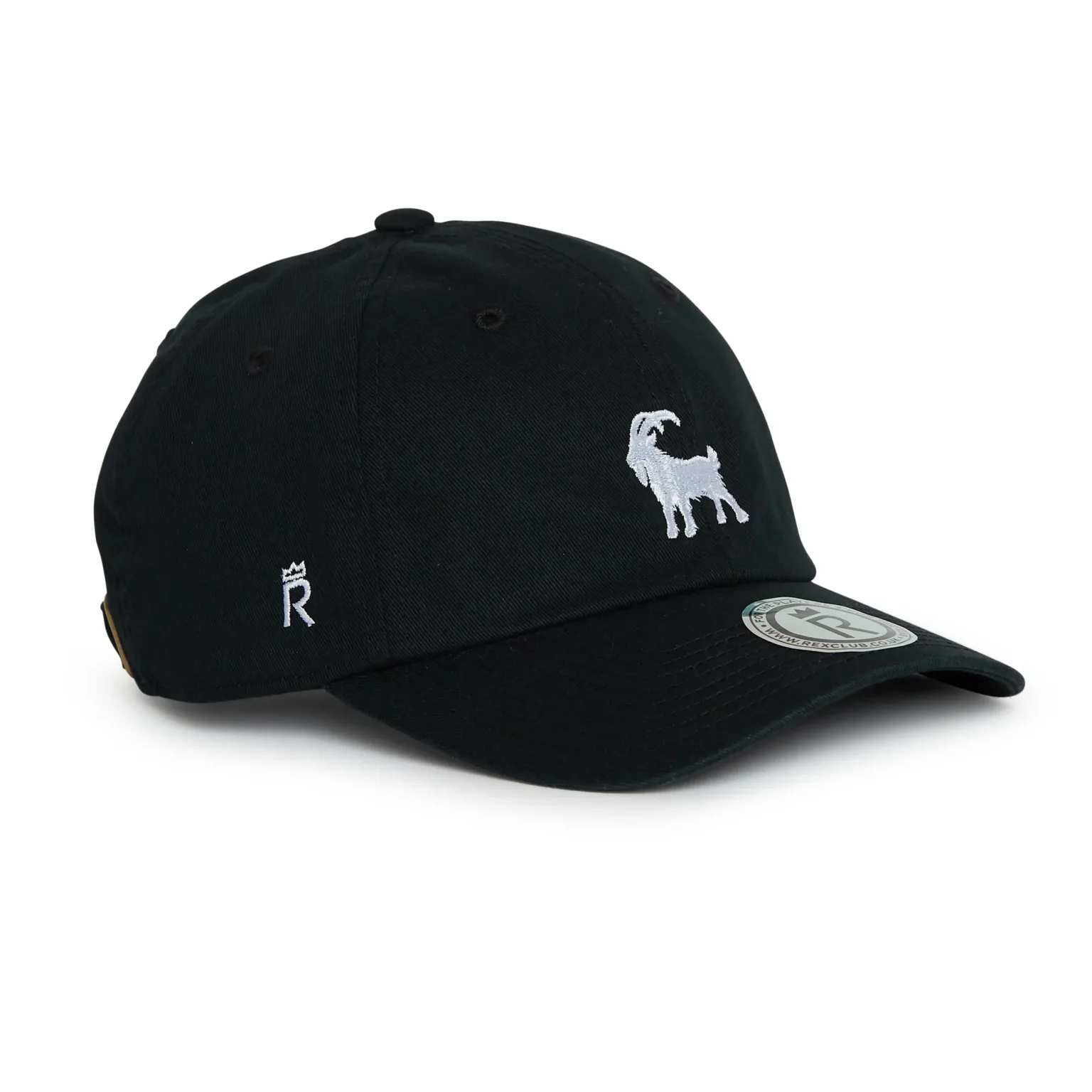 Rex Club | The Goat black baseball cap features a white embroidered goat on the front and a small white "R" on the side, shown against a plain white background. | Custom Caps | Custom Hats | Team Headwear | UK