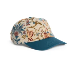 Rex Club | A New Day | Custom Caps | Custom Hats | Team Headwear | UK Rex Club | The "A New Day" baseball cap features a blue peak and a tapestry-style fabric crown with a vibrant floral and bird pattern in red, blue, yellow, and green. | Custom Caps | Custom Hats | Team Headwear | UK