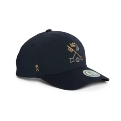 St Peter's York Navy baseball cap with gold embroidery on the front panel and a curved brim, viewed from an angled side.