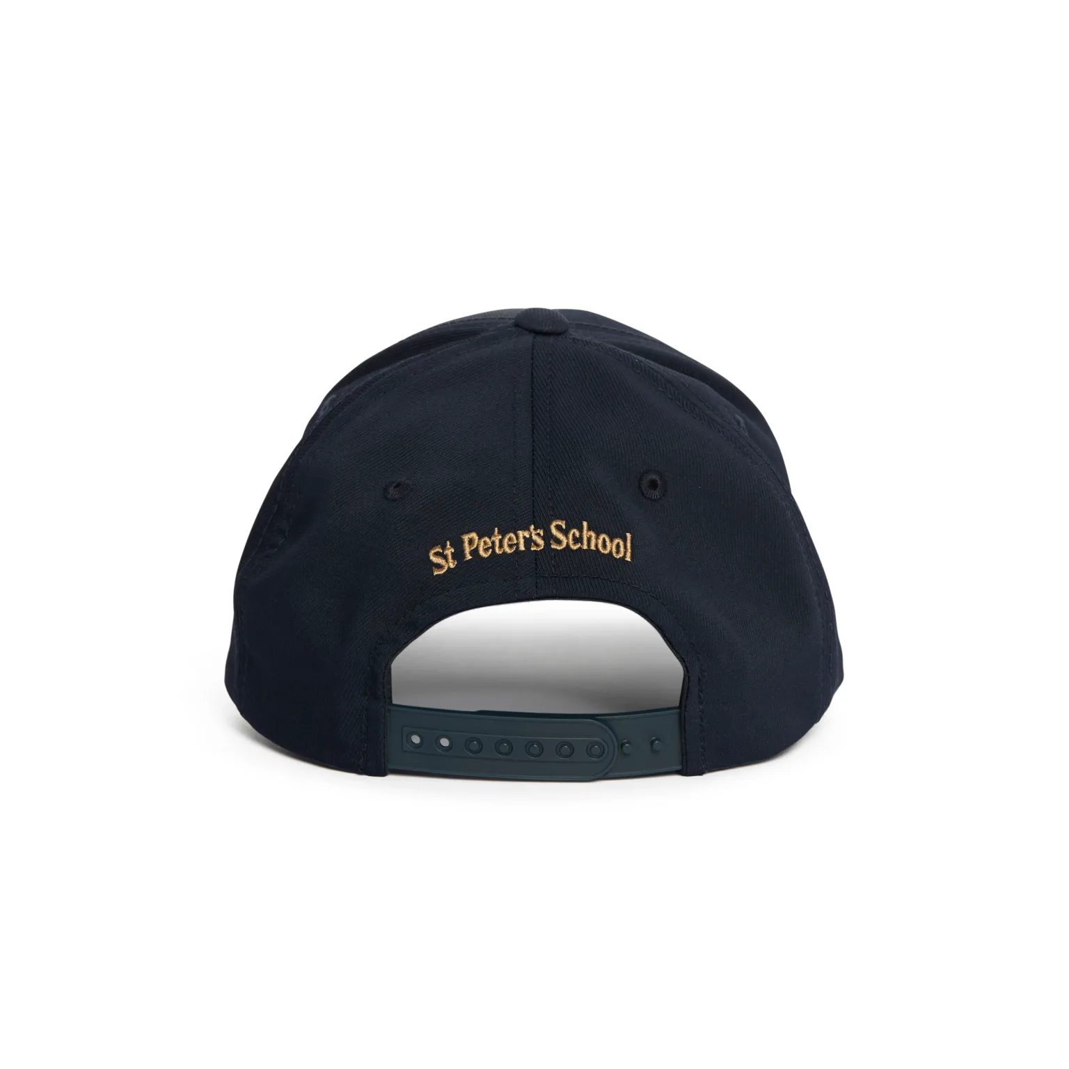 St Peter's York Back view of a navy baseball cap with an adjustable strap, embroidered with 'St Peters School' in gold thread