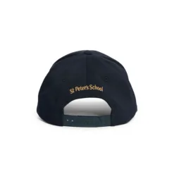 St Peter's York Back view of a navy baseball cap with an adjustable strap, embroidered with 'St Peters School' in gold thread